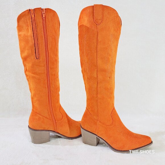 Wild Ones Orange Faux Suede Country Western Cowgirl Knee Boots - Picture 2 of 15
